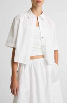 Scallop Detail Short Sleeve Cotton Button-Up Shirt