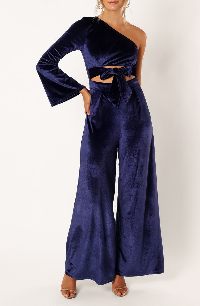 Petal & Pup Avery One-Shoulder Velvet Jumspuit, Main, color, Sapphire