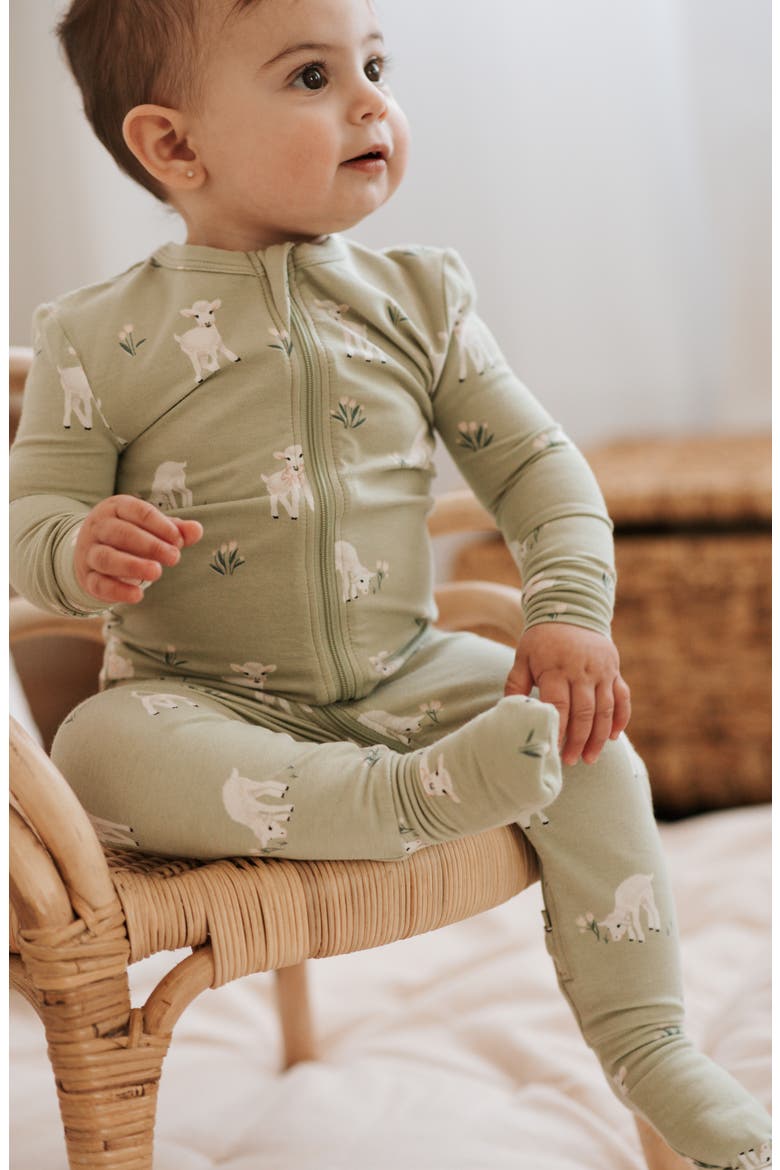 Little Lambs Fitted Stretch Organic Cotton Blend Convertible Footie Pajamas, Alternate, color, SAGE