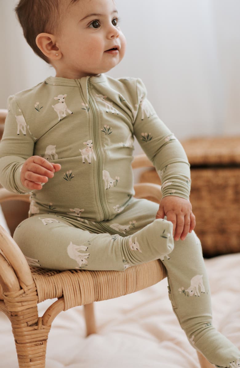 Petit Lem Little Lambs Fitted Stretch Organic Cotton Blend Convertible Footie Pajamas, Alternate, color, Sage