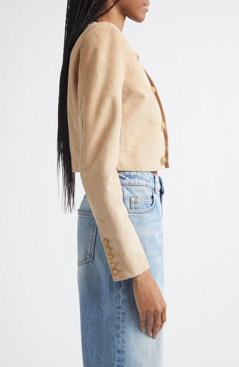 Balmain Crop Suede Spencer Jacket, Alternate, color, 8Fi Sand