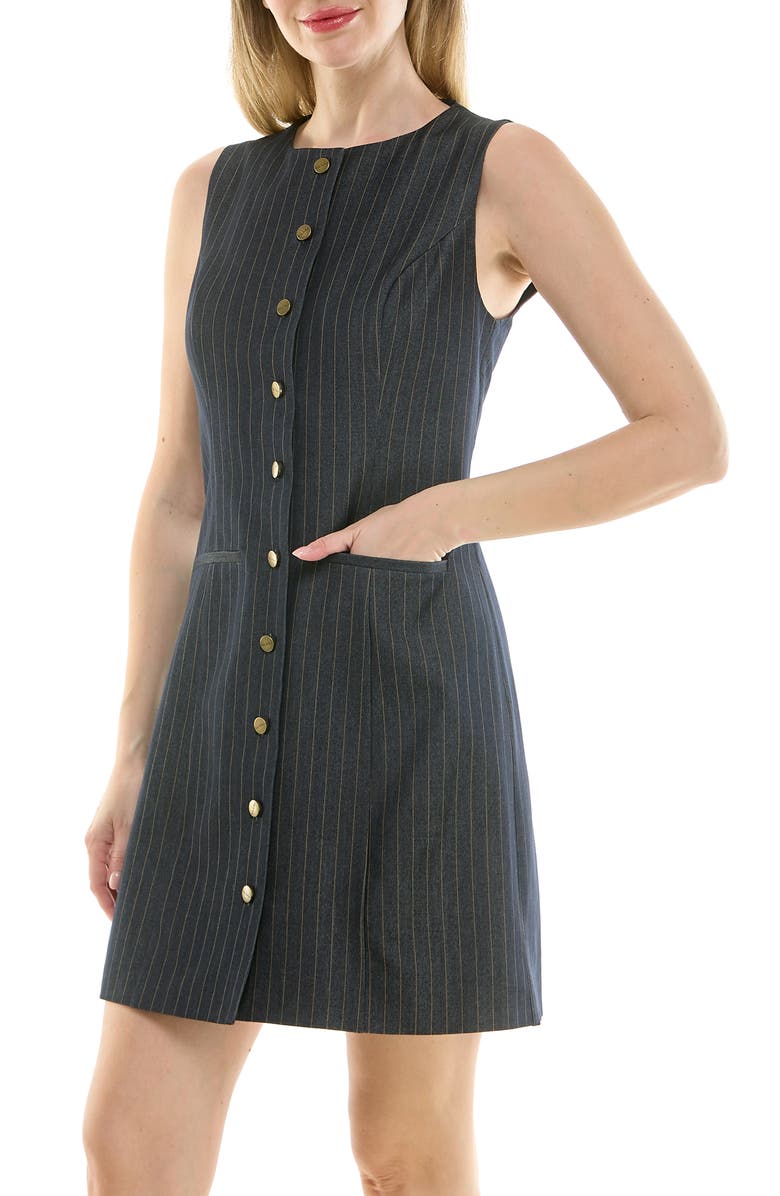 Nicole Miller Pinstripe Sleeveless Shift Dress, Alternate, color, Vintage Blue / Khaki