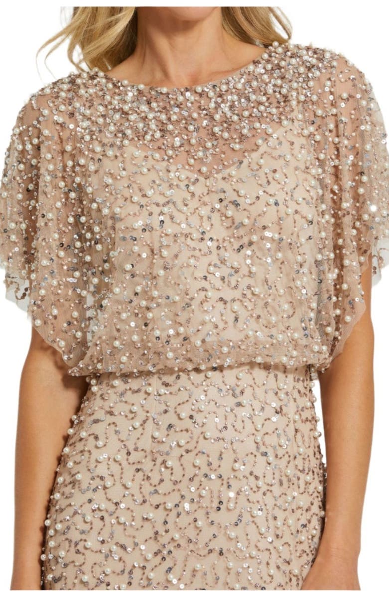 Mac Duggal Beaded Mesh Gown With Shawl, Alternate, color, Nude Gold