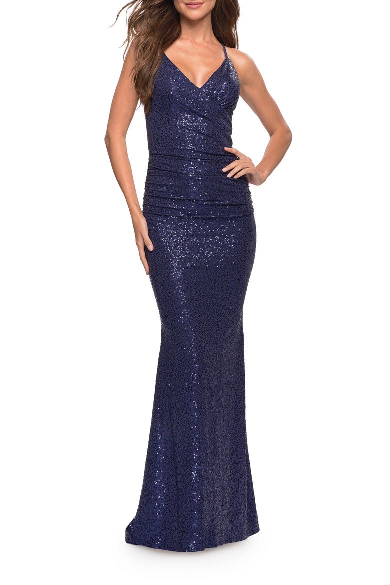 Wrap Style Long Gown in Beautiful Sequin, Main, color, Navy