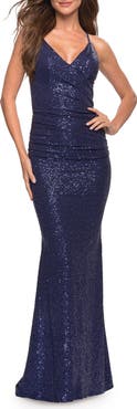 La Femme Wrap Style Long Gown in Beautiful Sequin