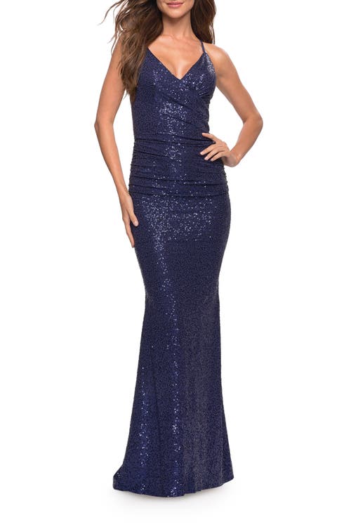 La Femme Wrap Style Long Gown In Navy