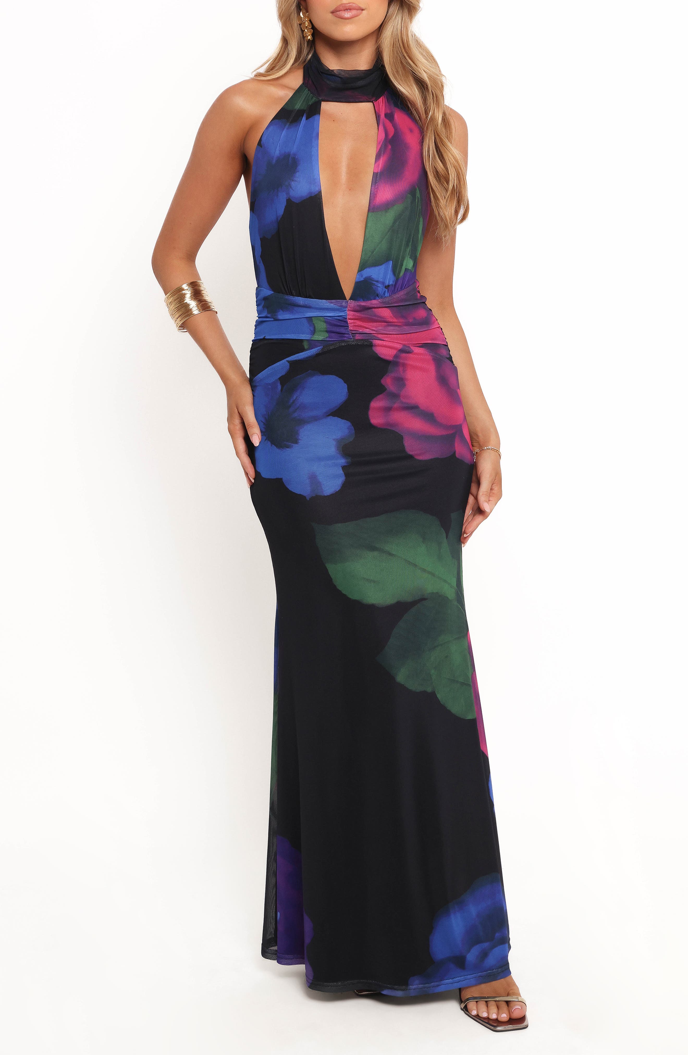 Petal & Pup Antoine Plunge Halter Neck Mesh Maxi Dress