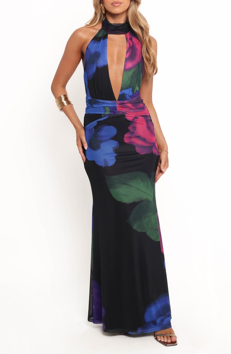 Petal & Pup Antoine Plunge Halter Neck Mesh Maxi Dress, Main, color, Rosalia Pink Multi