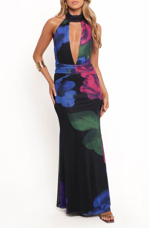 Antoine Plunge Halter Neck Mesh Maxi Dress