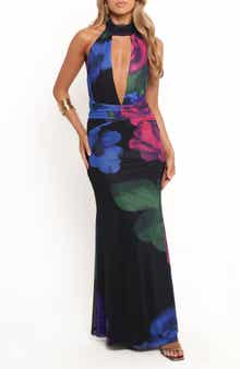 Petal & Pup Antoine Plunge Halter Neck Mesh Maxi Dress
