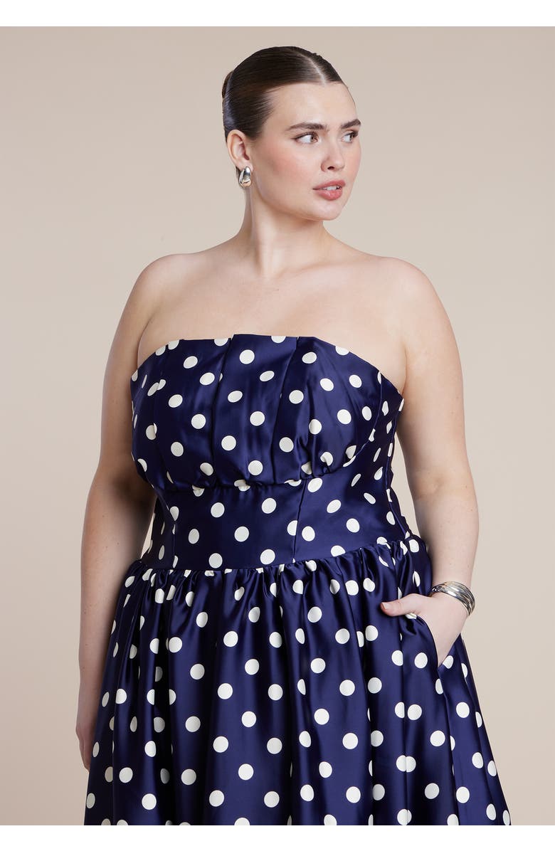 ELOQUII Strapless Polka Dot Flare Midi Dress, Alternate, color, Evening Dot