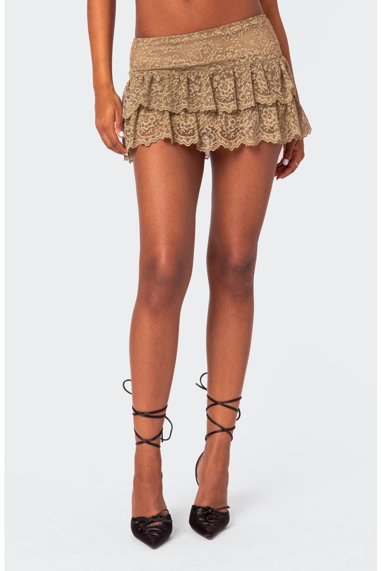 Low Rise Tiered Ruffle Stretch Lace Miniskirt, Main, color, OLIVE