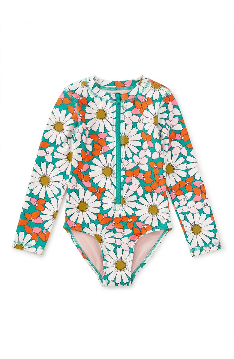 Tea Collection Long Sleeve One-Piece Swimsuit, Main, color, Daisy Deluxe