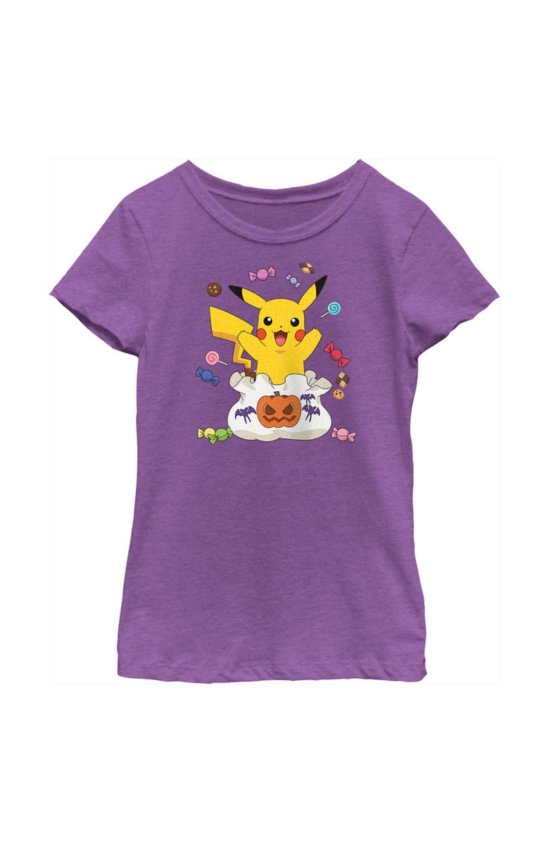 POKEMON Girl's Pokemon Halloween Pikachu Bag of Candy  Graphic T-Shirt, Main, color, Purple Berry