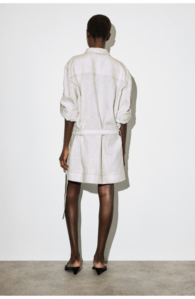 COS Belted Pleated Linen Mini Shirt Dress, Alternate, color, Light Gray