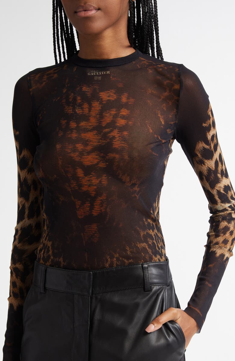 Jean Paul Gaultier Leopard Print Long Sleeve Mesh Top, Alternate, color,