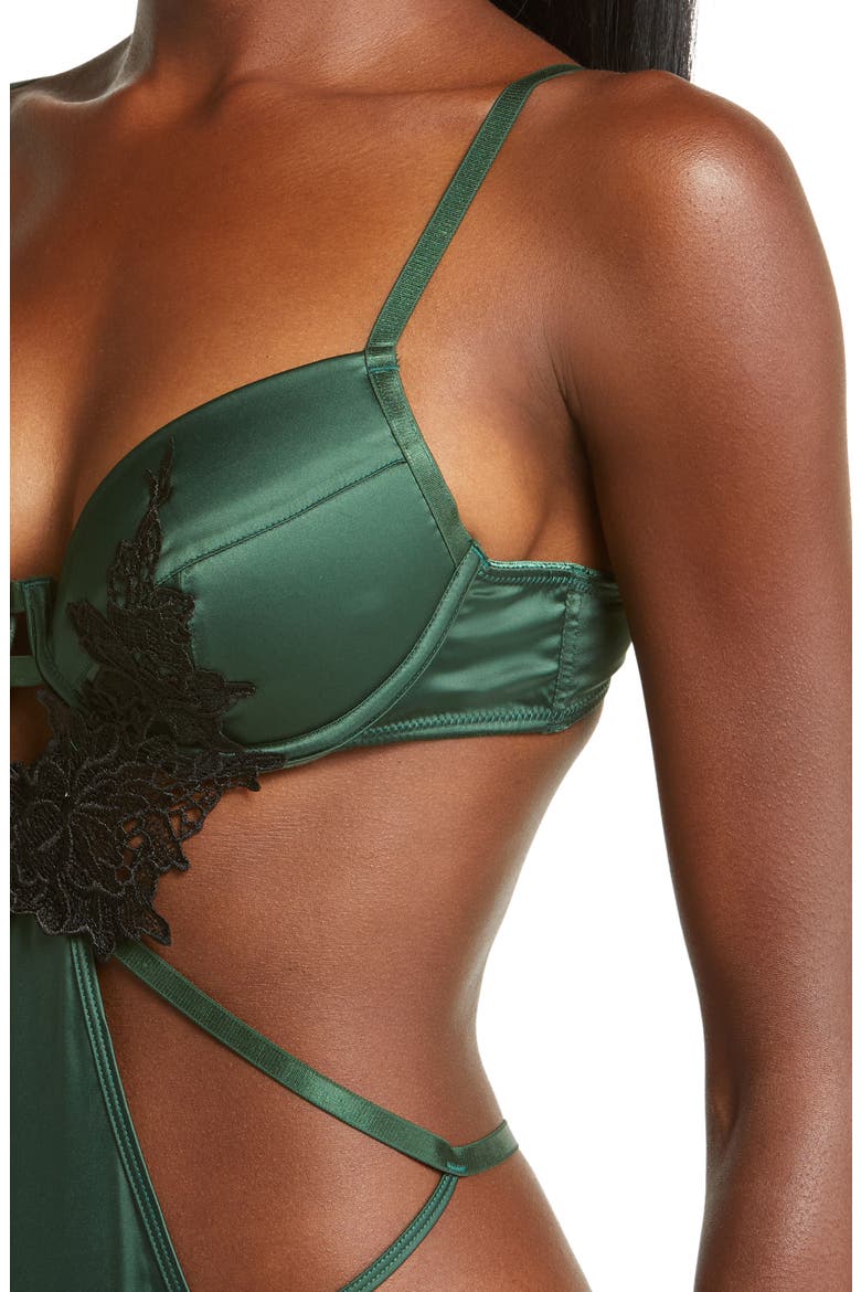 Jeri Satin & Lace Underwire Teddy, Alternate, color, HUNTER GREEN/ BLACK