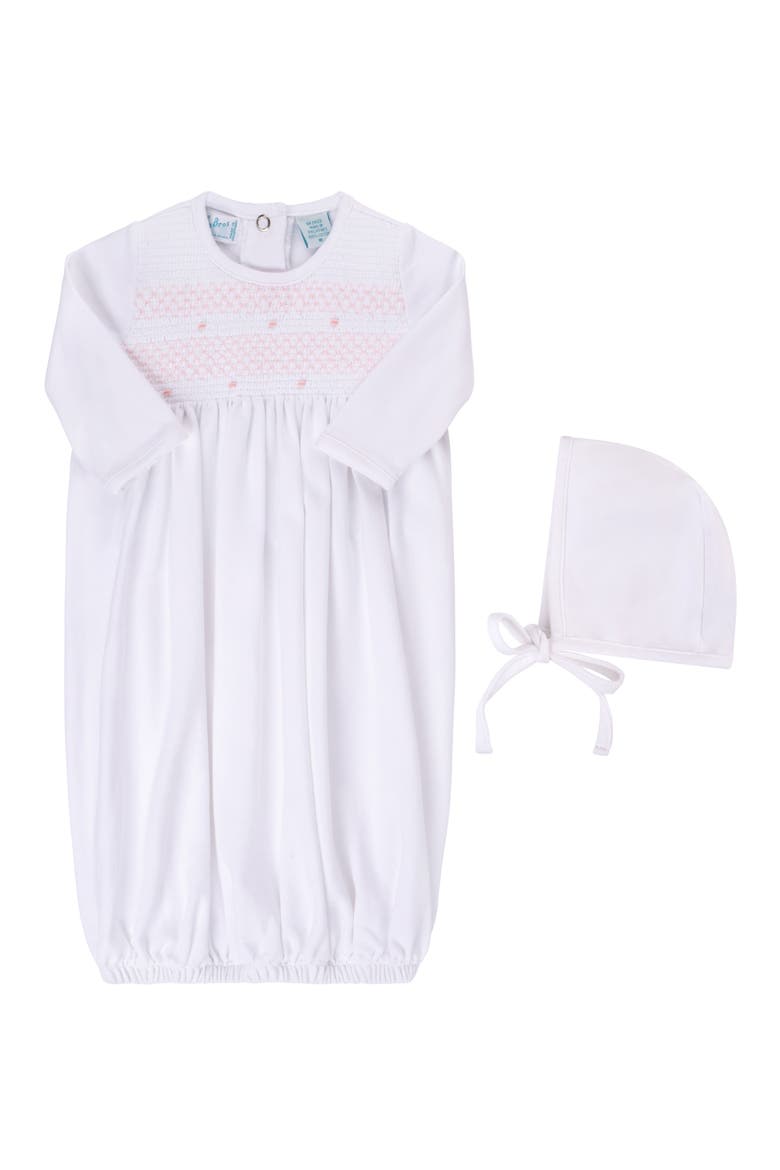 Smocked Bullion Gown & Bonnet Set, Main, color, WHITE/PINK