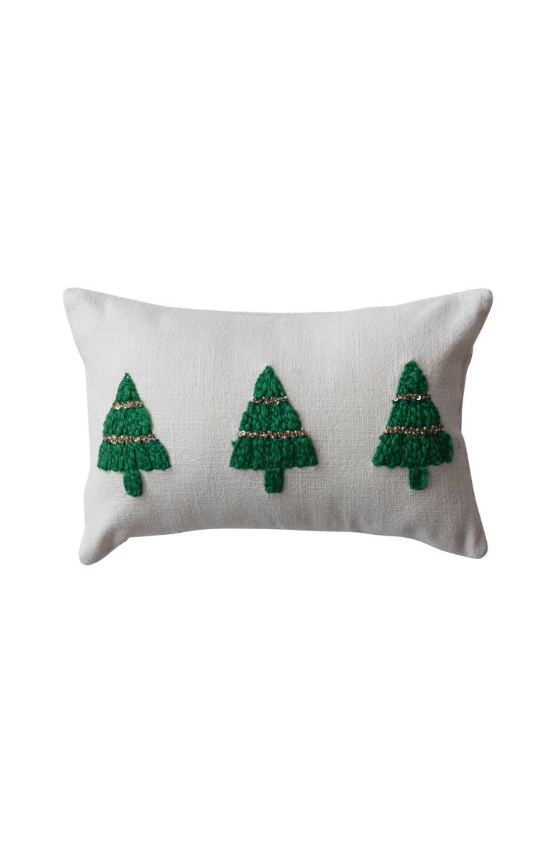 Storied Home Cotton Slub Lumbar Pillow with Embroidered Christmas Trees and Beads, Natural and Green, Main, color, 