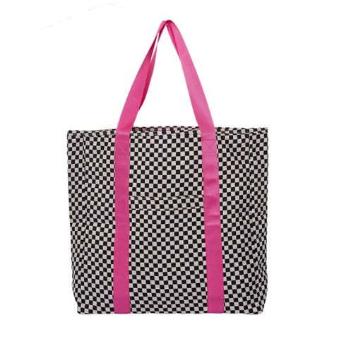 Black and White Checkered Tote Bag Polyester White