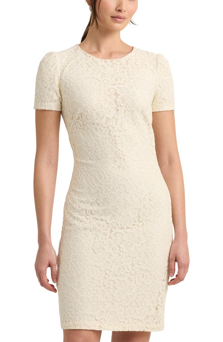 Ralph Lauren Floral Corded Lace Short Sleeve Cocktail Dress, Alternate, color, Mascarpone Cream