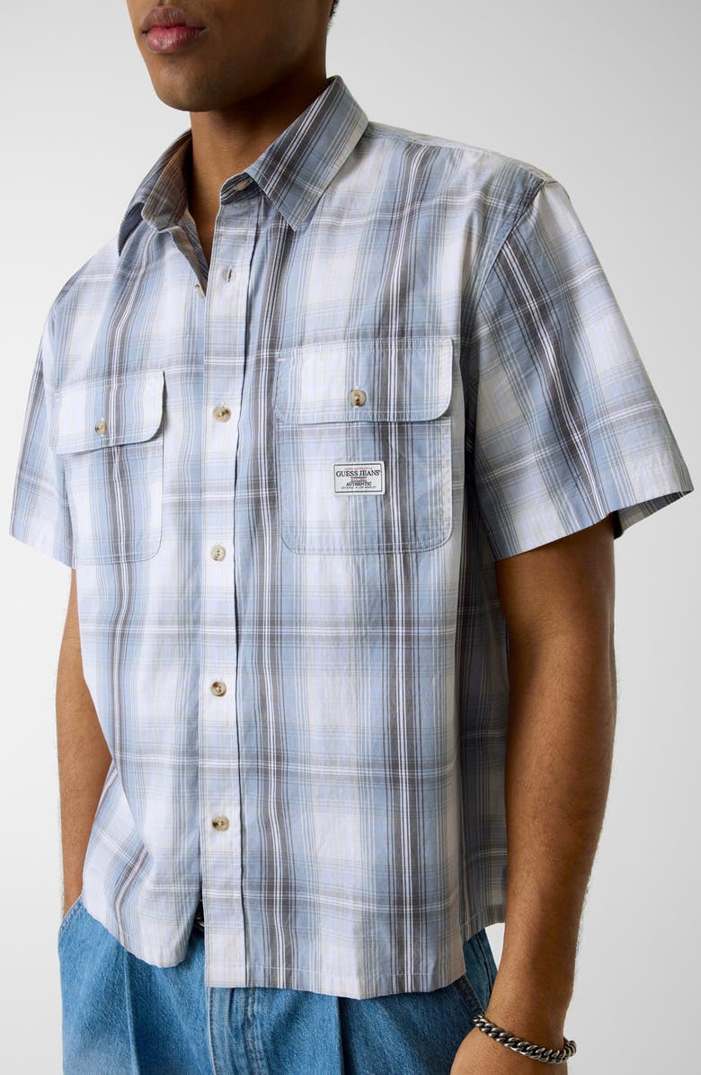 GUESS Boxi Plaid Crop Short Sleeve Cotton Button-Up Shirt, Alternate, color, 
