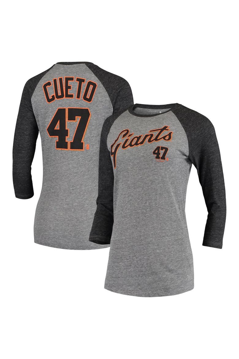 Women's 5th & Ocean by New Era Johnny Cueto Gray San Francisco Giants Script Name & Number Raglan Tri-Blend 3/4-Sleeve T-Shirt, Main, color, Gray