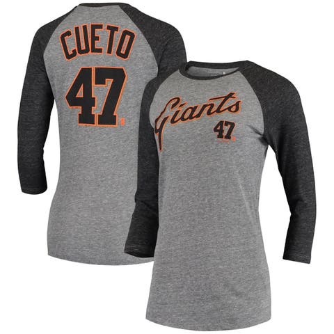 Women's 5th & Ocean by New Era Johnny Cueto Gray San Francisco Giants Script Name & Number Raglan Tri-Blend 3/4-Sleeve T-Shirt