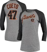 5TH AND OCEAN BY NEW ERA Women's 5th & Ocean by New Era Johnny Cueto Gray San Francisco Giants Script Name & Number Raglan Tri-Blend 3/4-Sleeve T-Shirt