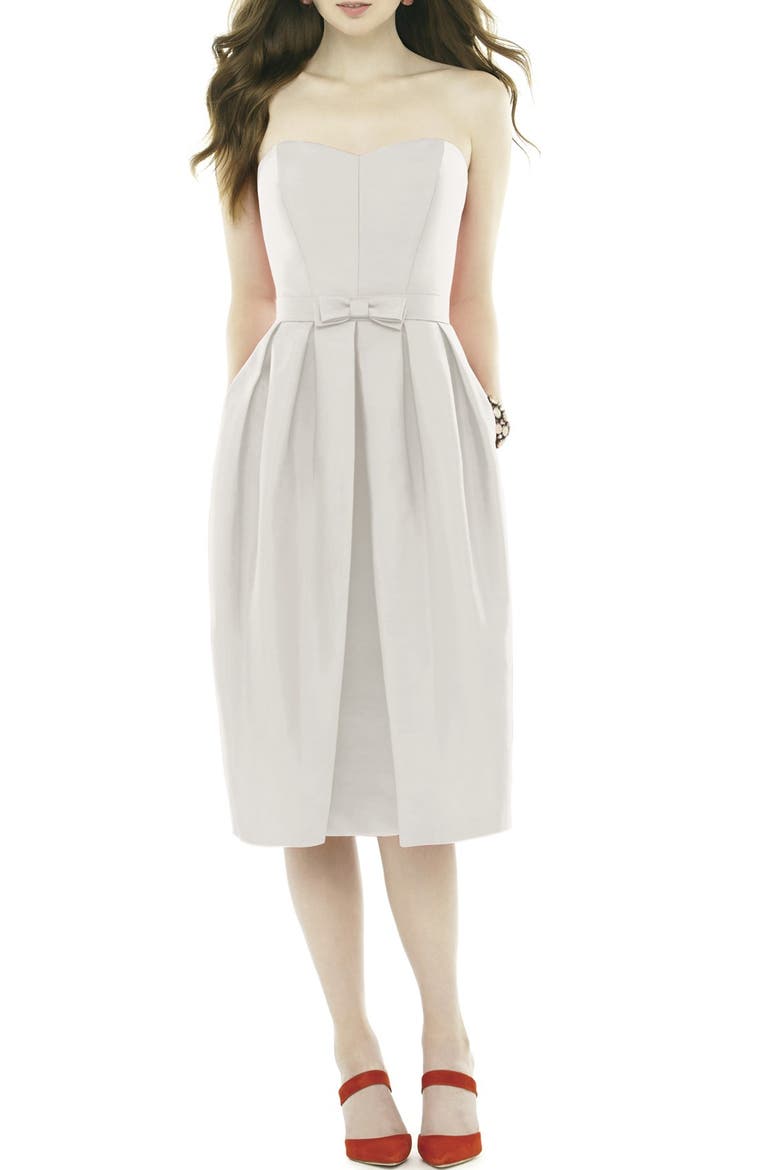 Strapless Peau de Soie Midi Dress with Bow Belt, Main, color, SNOW WHITE
