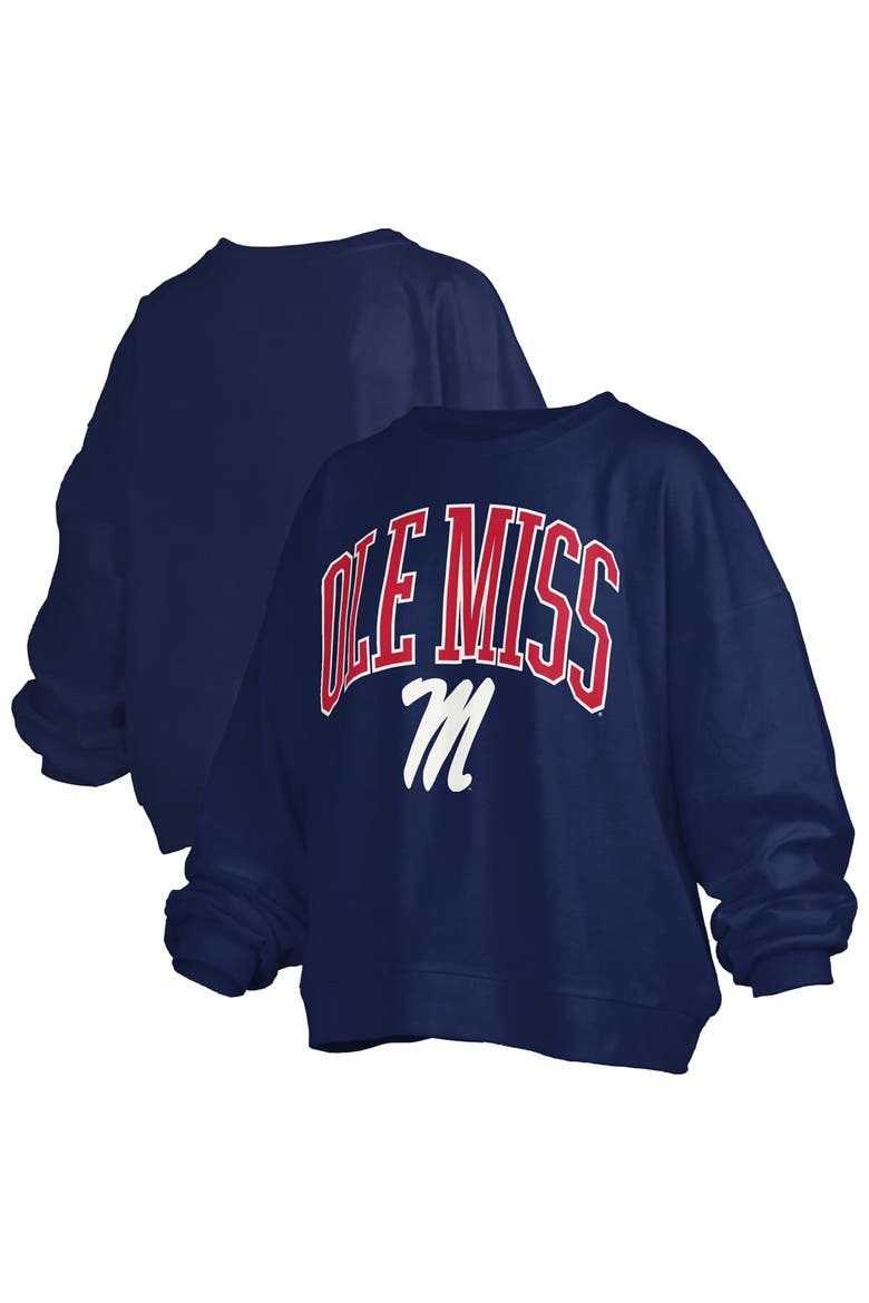 Women's Pressbox Navy Ole Miss Rebels Janise Arch Over Logo Waist Length Oversized Pullover Sweatshirt, Alternate, color, Navy