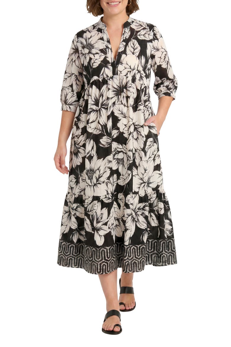 Floral Tiered A-Line Midi Dress, Main, color, BLACK/ IVORY