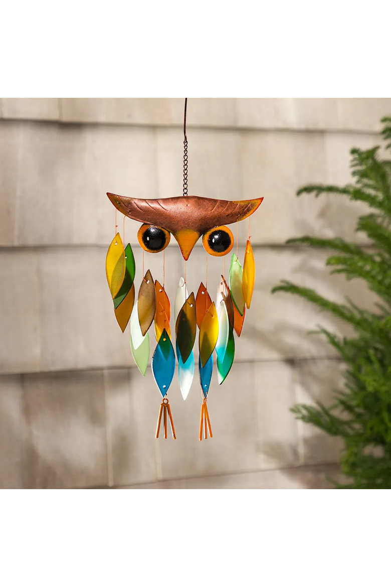 Owl Wind Chime, Alternate, color, Multicolored Glass Feathers