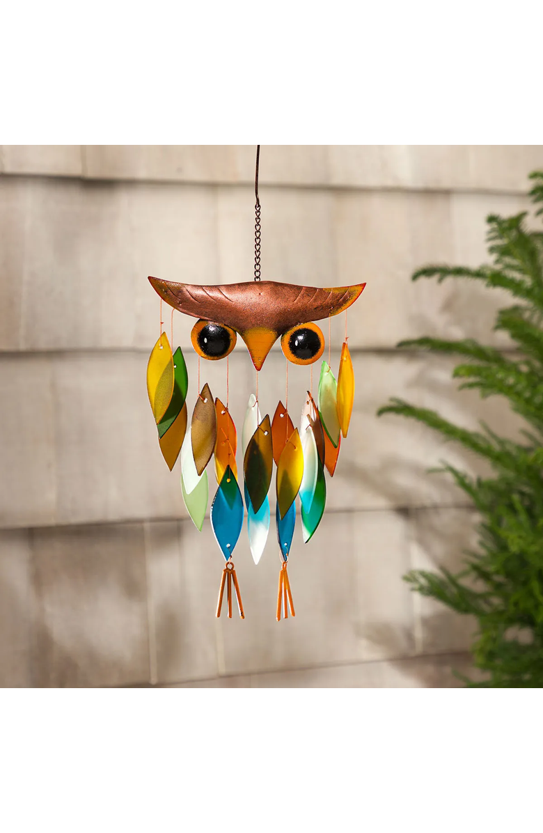 Uncommon Goods Owl Wind Chime, Alternate, color, Multicolored Glass Feathers
