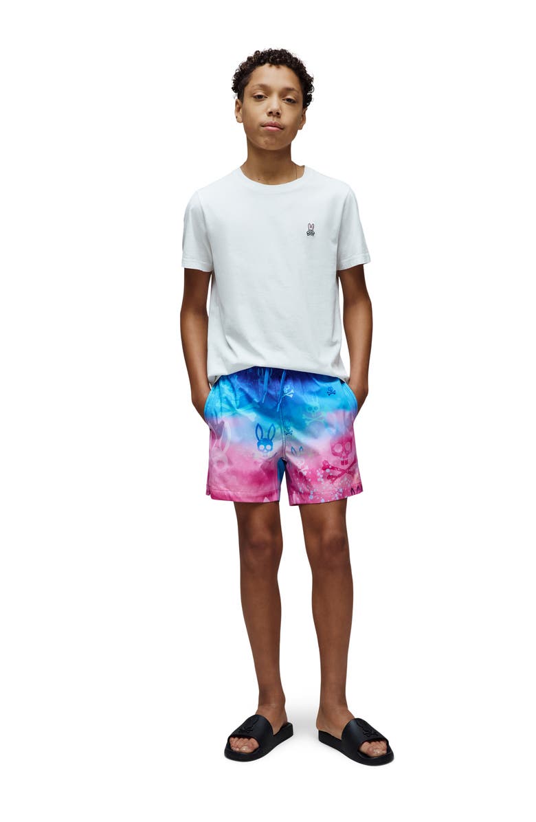 Psycho Bunny Kids' Caspian Allover Bunny Swim Trunks, Alternate, color, Begonia Pink