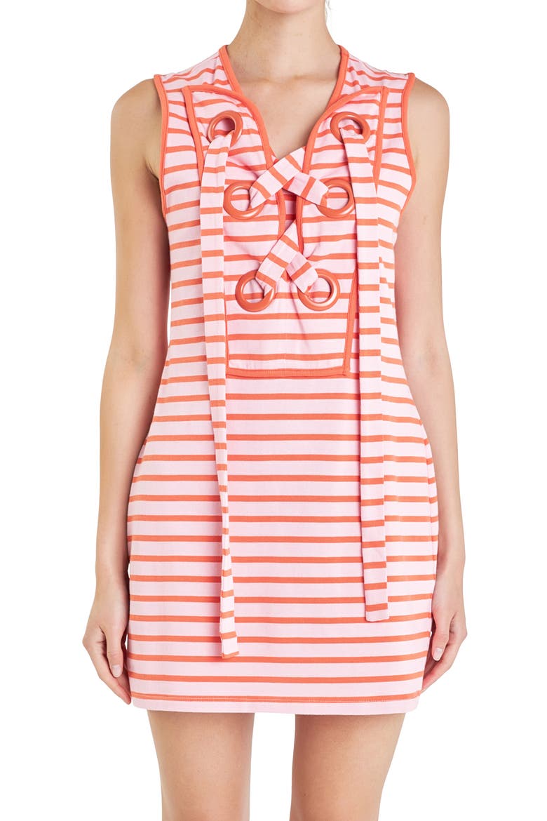 Stripe Lace-Up Shift Dress, Alternate, color, PINK/ ORANGE