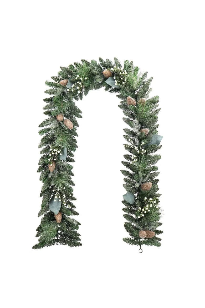 9' Flocked Woodland Pine & Berry Garland, Main, color, Green