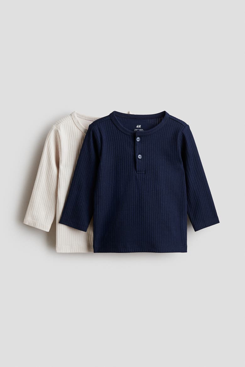 2-pack Cotton Henley Tops, Main, color, Light beige/navy blue