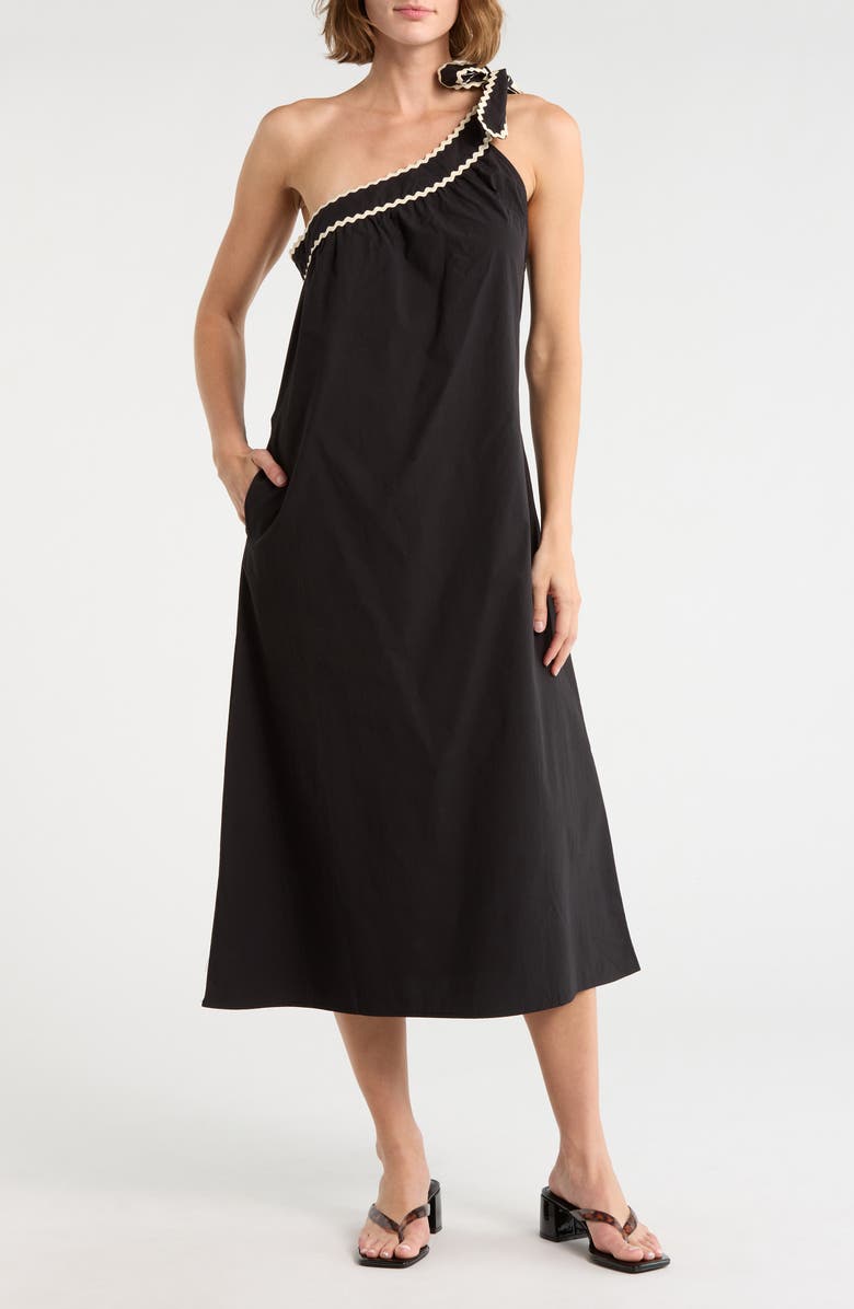 Petal & Pup Brynlee Rickrack Trim One-Shoulder Cotton Midi Dress, Main, color, Black/ Cream