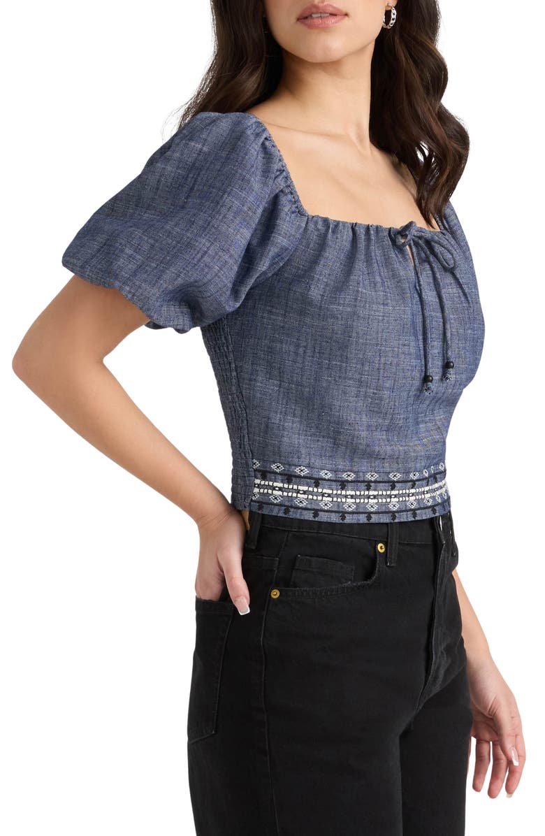 NVLT Embroidered Puff Sleeve Crop Top, Alternate, color, Denim Blue