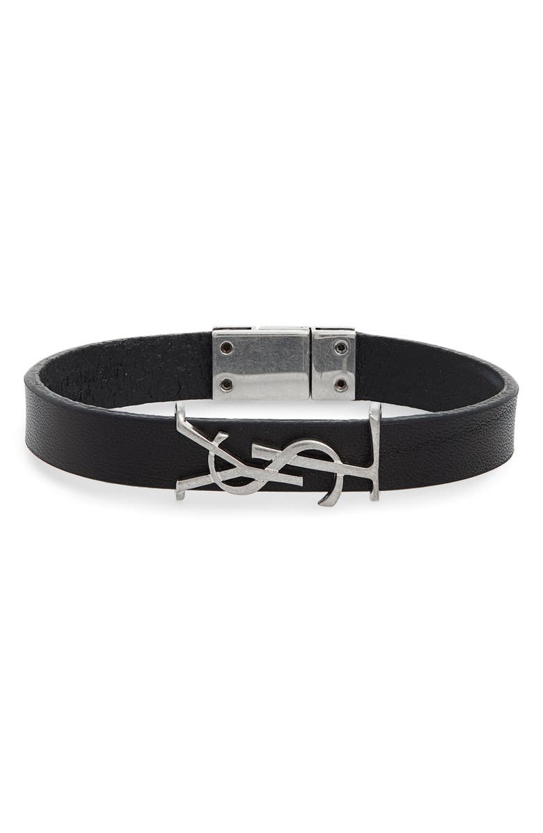 Saint Laurent Opyum YSL Leather Bracelet, Main, color, Nero/ Silver