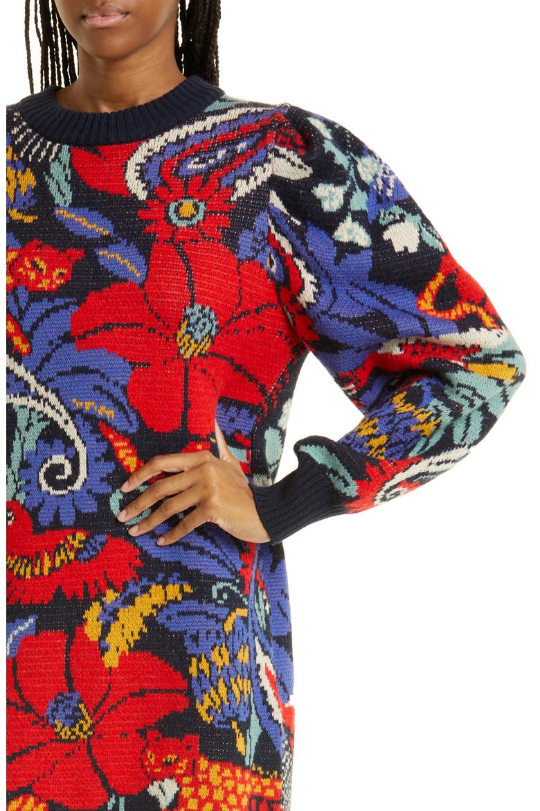 Jungle Pattern Long Sleeve Crewneck Sweater Dress, Alternate, color, VINTAGE FOREST BLUE