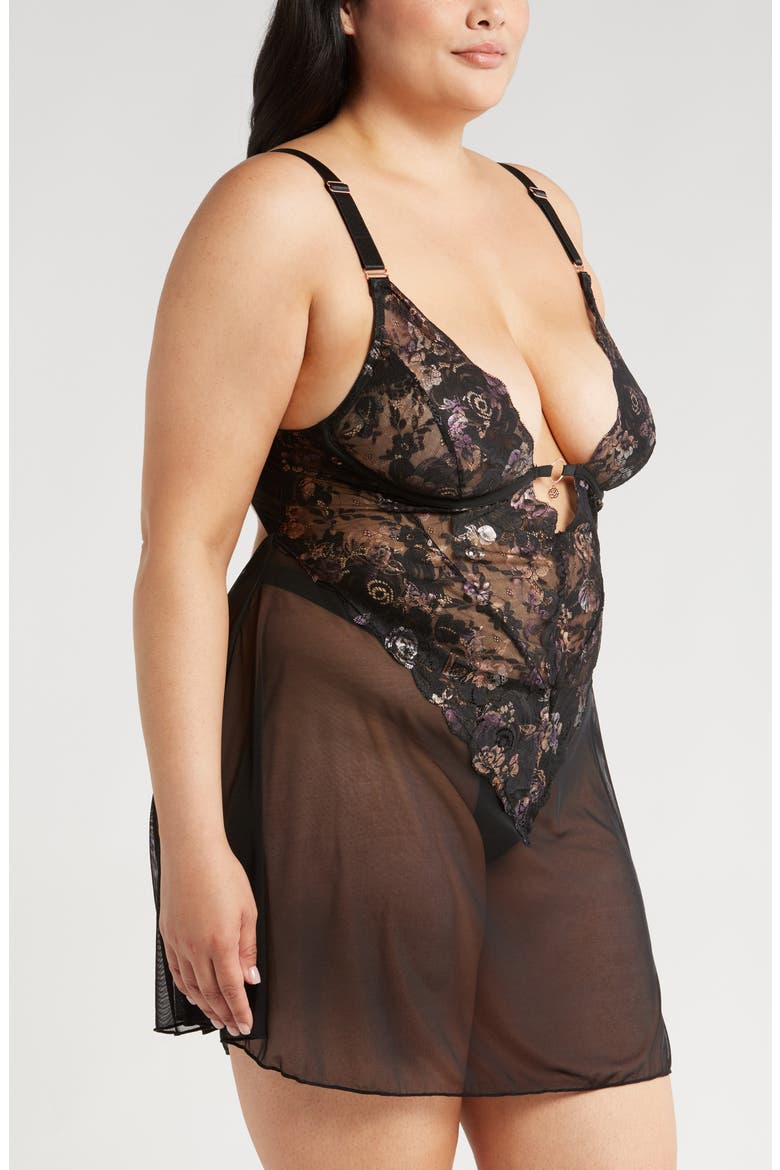 Babydoll Chemise & Thong Set, Alternate, color, BLACK