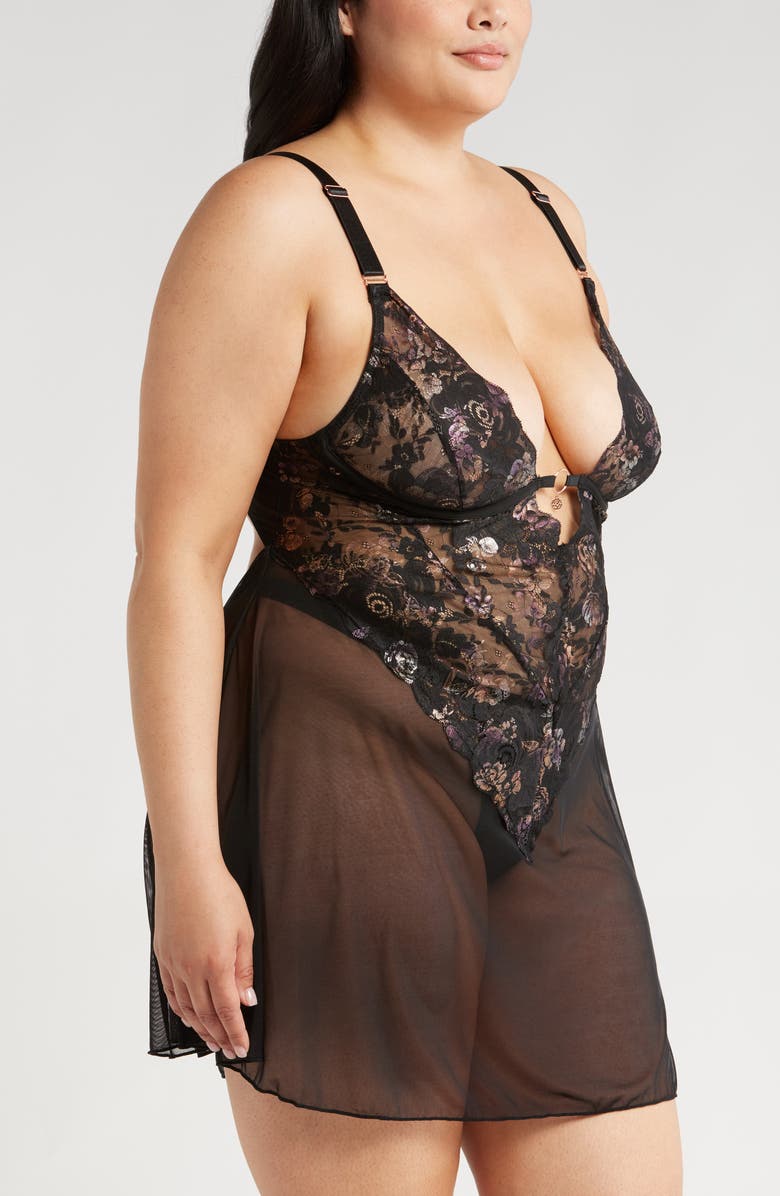 Coquette Babydoll Chemise & Thong Set, Alternate, color, Black