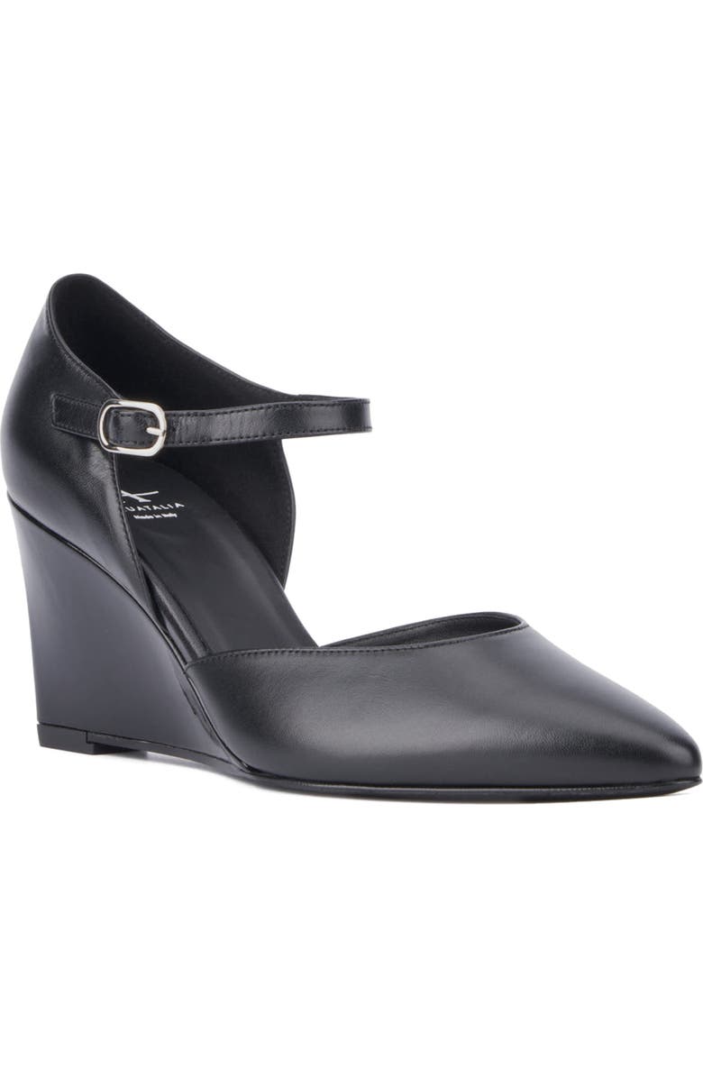 Aquatalia Penelopy Ankle Strap Pointed Toe Wedge Pump, Main, color, Black/ Black