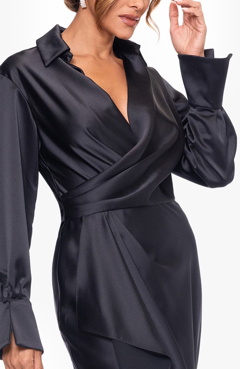 Xscape Evenings Collar Long Sleeve Satin Gown, Alternate, color, Black