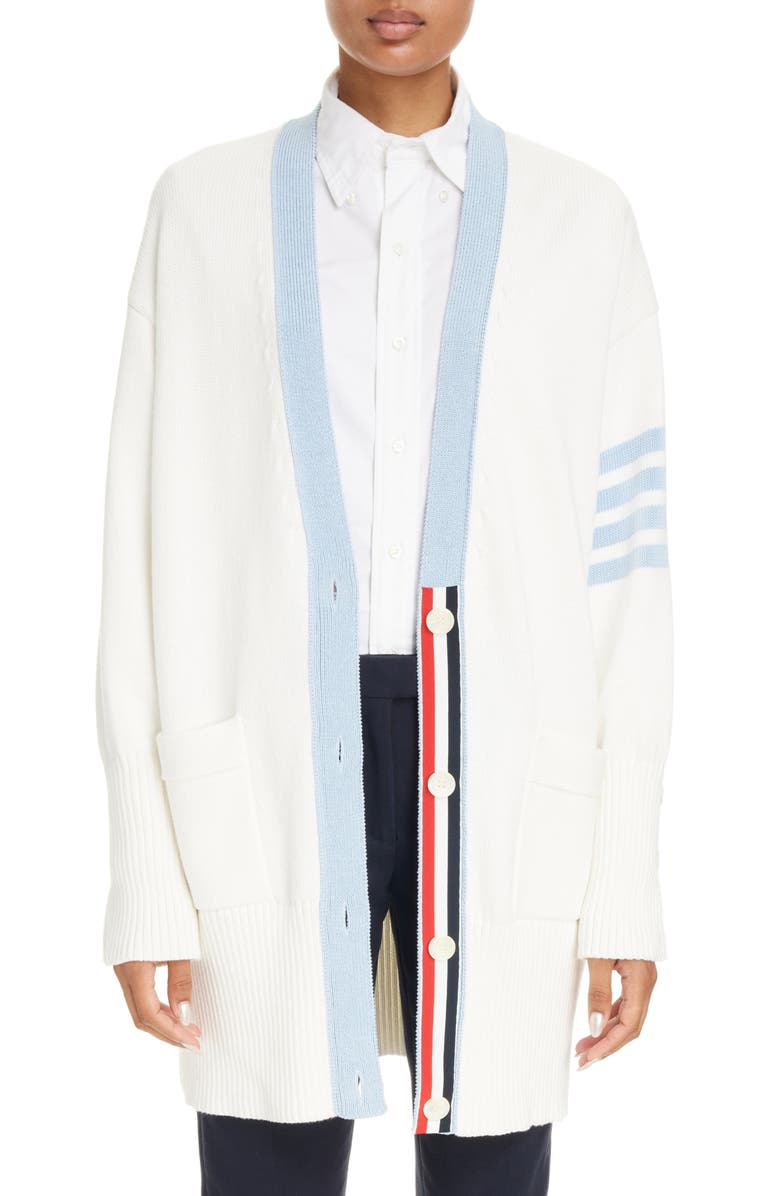 Thom Browne 4-Bar Oversize Cotton V-Neck Cardigan, Main, color, 