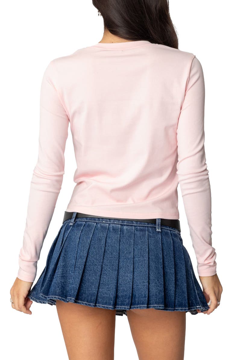 EDIKTED Fawn Bow Embellished Long Sleeve Cotton Graphic T-Shirt, Alternate, color, Light-Pink