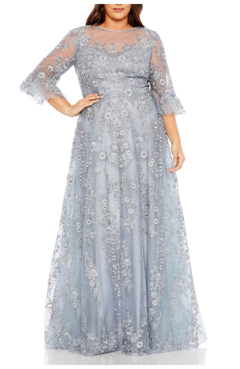 Mac Duggal High Neck Flutter Sleeve Embroidered A Line Gown, Main, color, Platinum