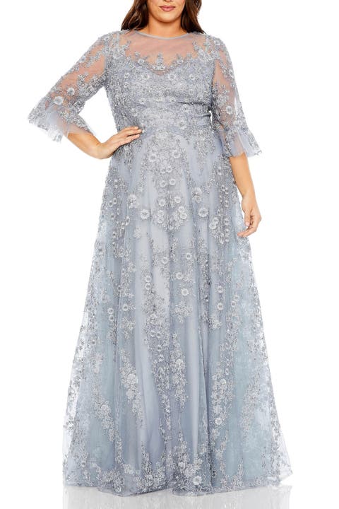 High Neck Flutter Sleeve Embroidered A Line Gown